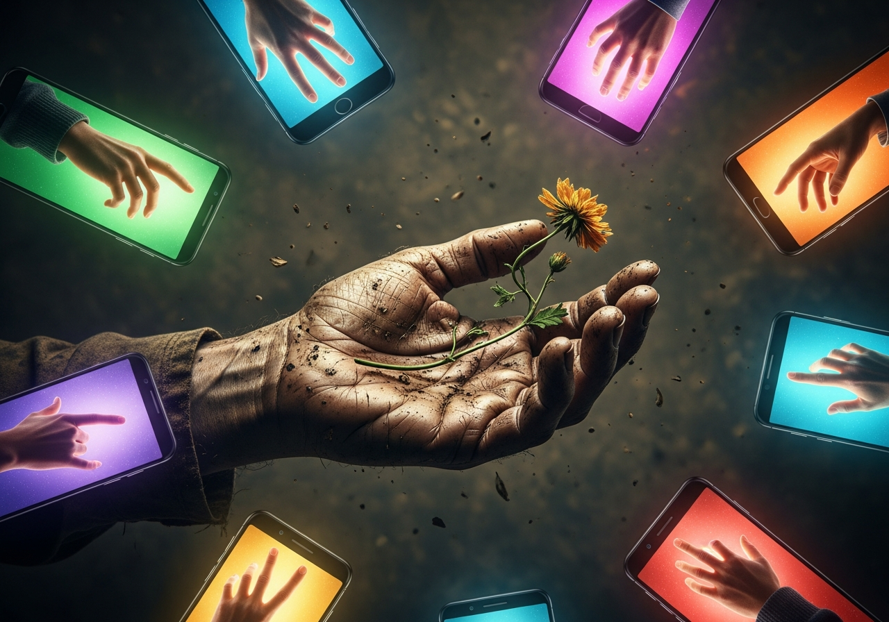 A surreal scene where hands reach out from multiple smartphone screens to touch a single, very real, muddy, and tired hand that is holding a small, wilted flower. The screens are bright and colorful, the real hand is grimy and muted.