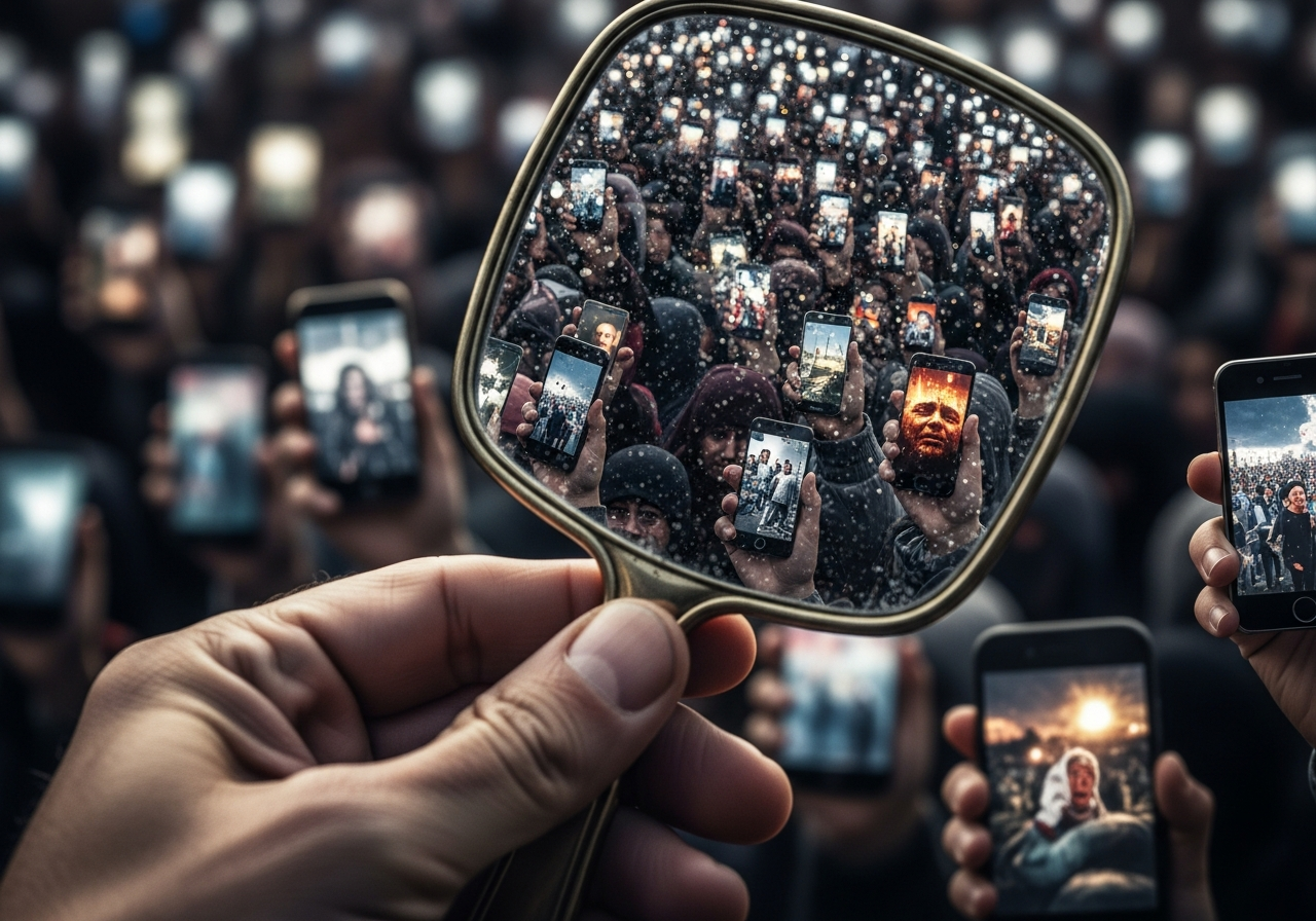 A person's hand is holding a small, smudged mirror. Instead of reflecting their face, the mirror shows a distorted, pixelated image of a large crowd holding up smartphones, all showing images of suffering, blurring together into a chaotic digital mosaic.