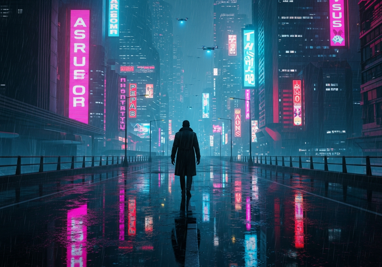 A dystopian cityscape at night, with rain-slicked streets reflecting neon signs from towering skyscrapers. A lone figure in a trench coat is walking away from the viewer, their silhouette stark against the vibrant, artificial light. The atmosphere is melancholic and technologically advanced, with small, glowing drones faintly visible in the misty sky.