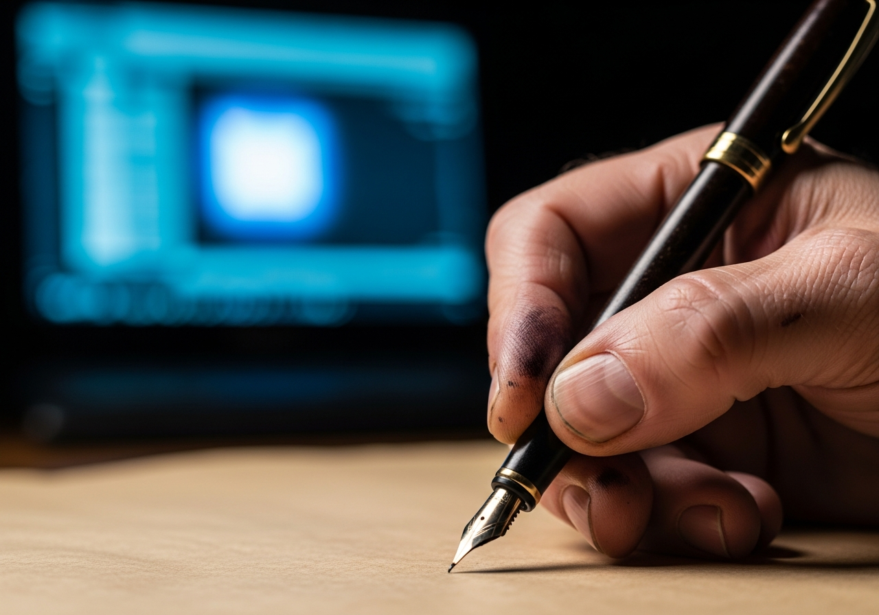 A close-up of a human hand, gnarled and experienced, holding a worn, old fountain pen. The hand is meticulously writing on a piece of parchment, with ink stains on the fingers, contrasting with a glowing, ethereal blue light emanating from a distant, out-of-focus computer screen in the background.