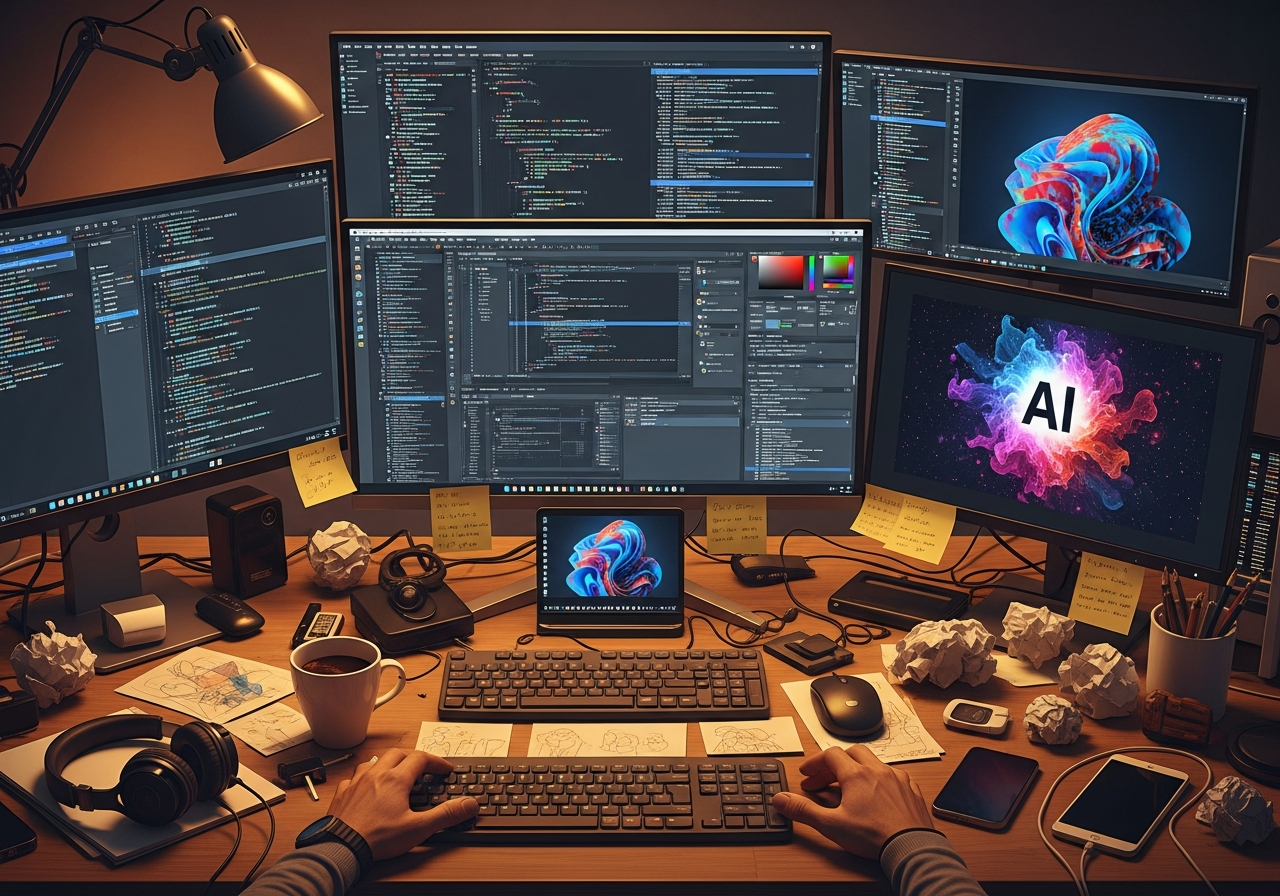 A cluttered desk, with multiple screens displaying lines of code, open design software, and AI-generated images. Coffee mugs, crumpled papers, and various tech gadgets are strewn across the desk. The overall impression is one of creative chaos, a stark contrast between human effort and digital output.
