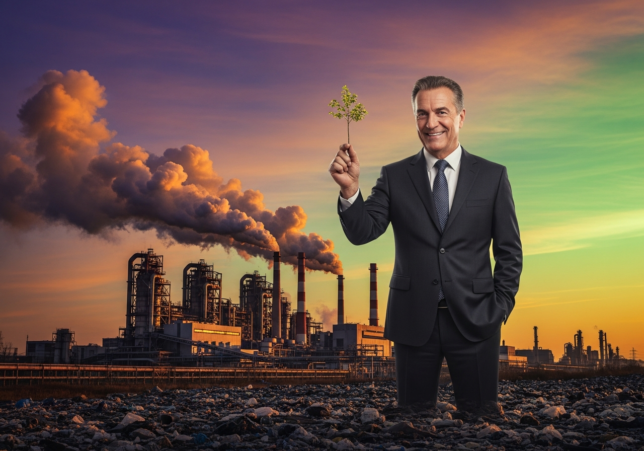 A surreal depiction of a giant corporate CEO in a business suit holding a small, wilting sapling, while behind him a huge factory emits smoke into a colorful but polluted sky. The CEO has a forced, philanthropic smile.