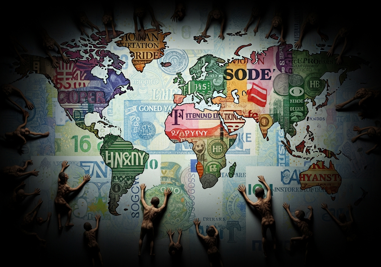 A stylized image of a global map made of currency notes and coins, with corporate logos subtly integrated into the landmasses, and small, desperate figures reaching out from the edges of the map.