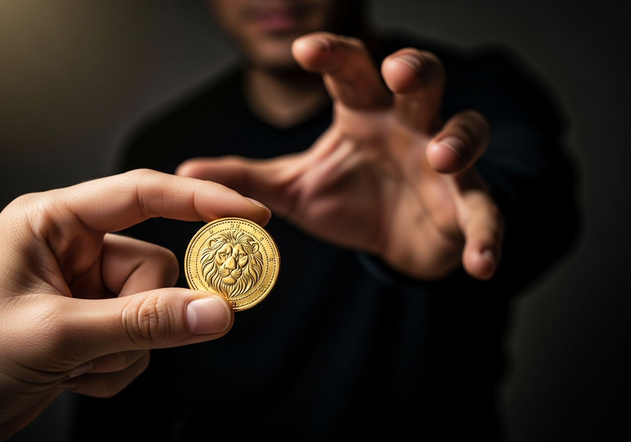 A close-up, slightly blurred photo of hands, one holding a small, shiny gold coin, and the other hand, much larger and reaching out from a shadowed background, attempting to take the coin.