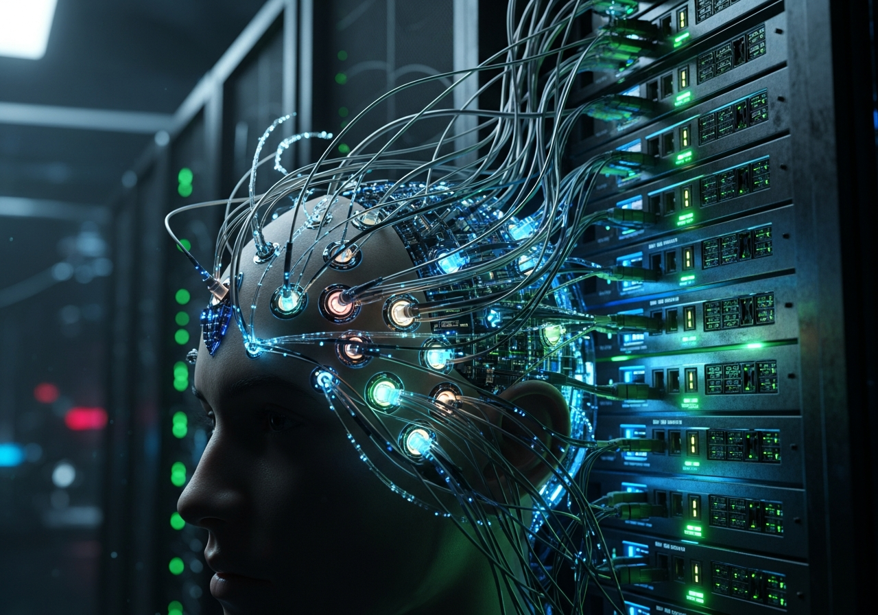 A surreal depiction of a human head with intricate wires extending from the temples and forehead, plugging into a massive, glowing, abstract server rack in a dark, futuristic setting.