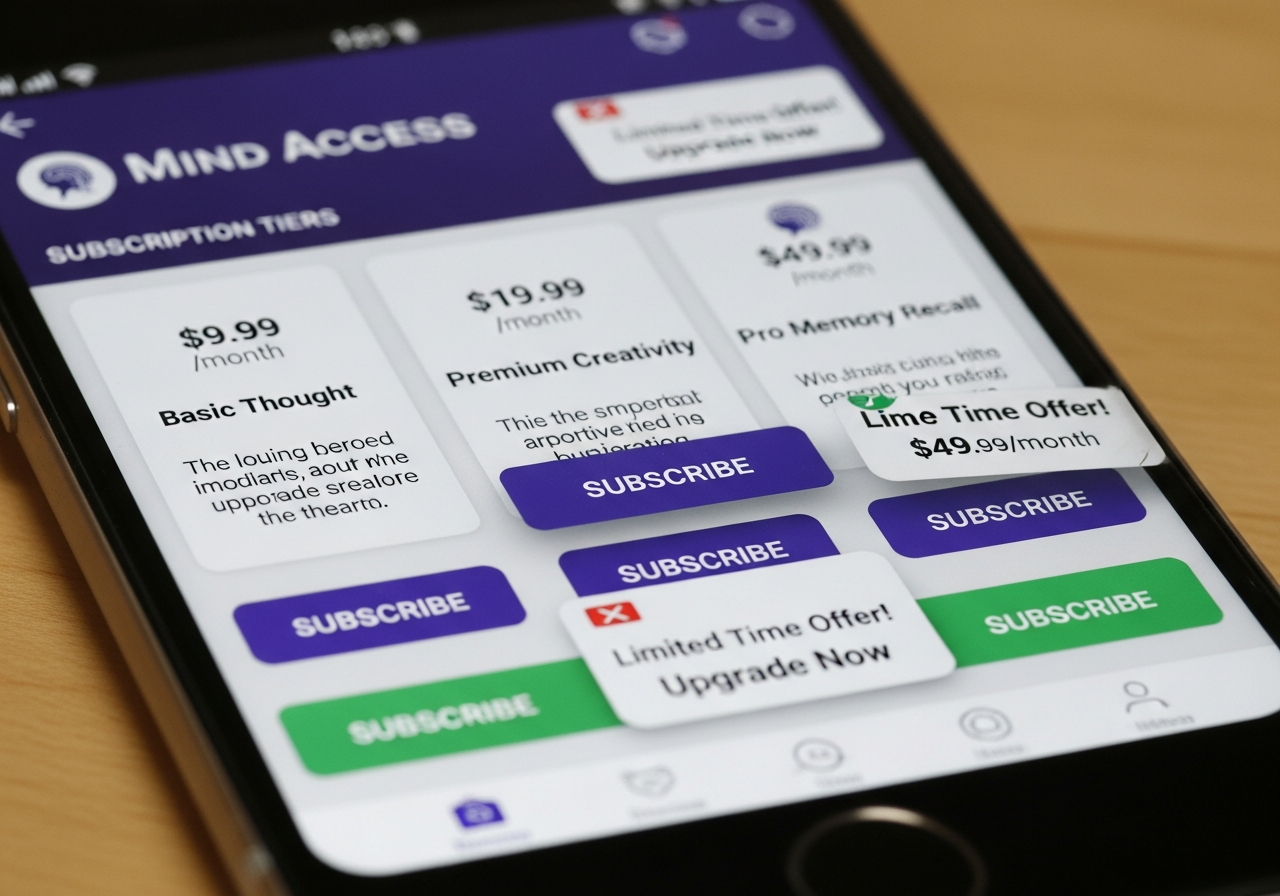 A close-up shot of a smartphone screen displaying a cluttered, poorly designed "Mind Access" app interface with subscription tiers like "Basic Thought," "Premium Creativity," and "Pro Memory Recall," all with price tags.