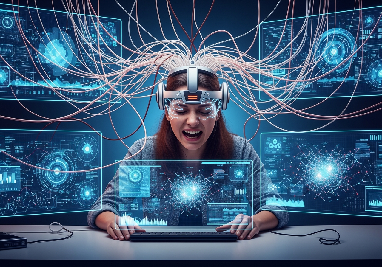 A person sitting at a desk, looking overwhelmed and frustrated, with a complex, spaghetti-like network of wires originating from a futuristic headset on their head, plugging into various screens displaying data and abstract concepts.