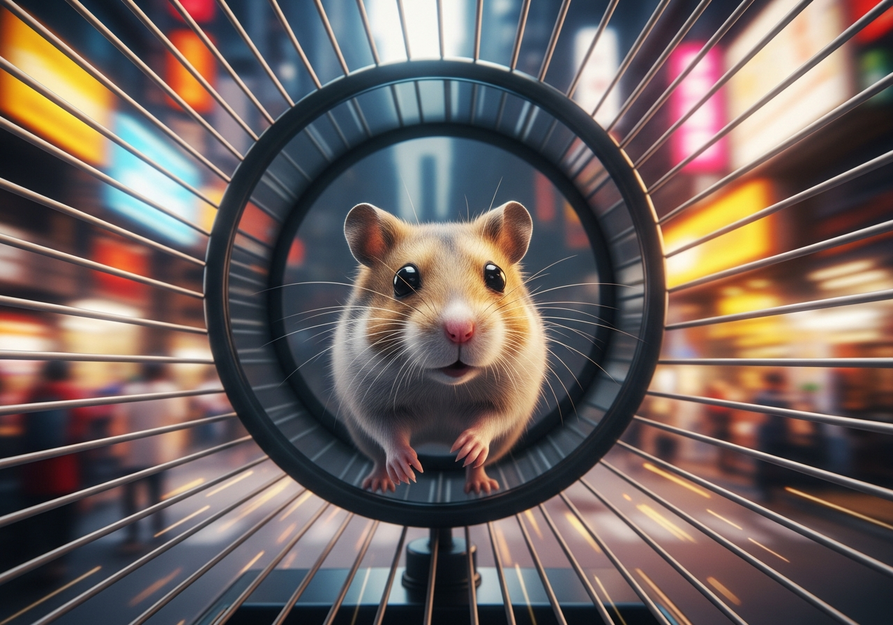 A hamster running frantically on a wheel, completely oblivious to its surroundings, with a blurred, busy city background outside the cage, symbolizing endless activity without true progress.