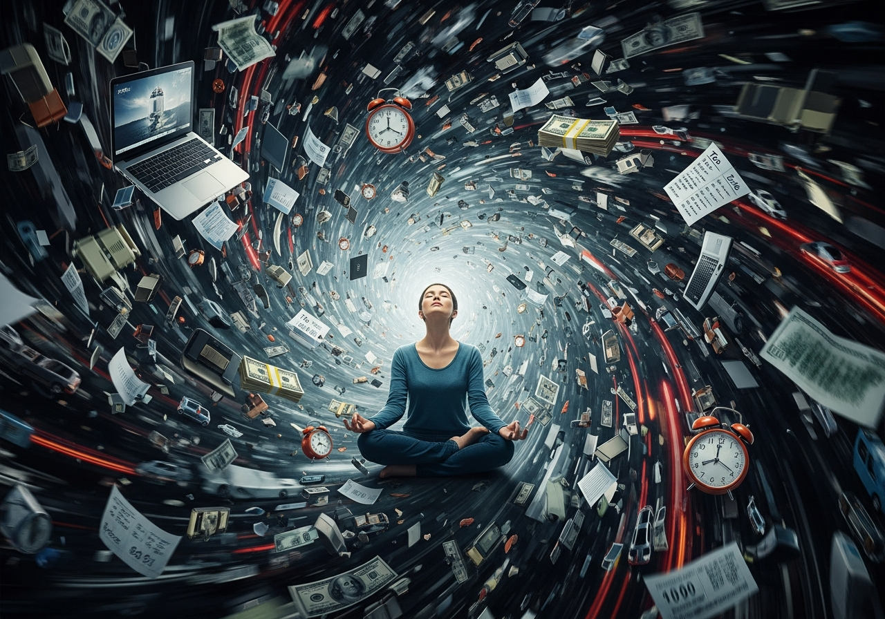 A person sitting cross-legged in a lotus position amidst a chaotic, swirling vortex of modern life elements - laptops, smartphones, alarm clocks, traffic, money, to-do lists - looking calm but slightly overwhelmed, illustrating the struggle to find stillness.