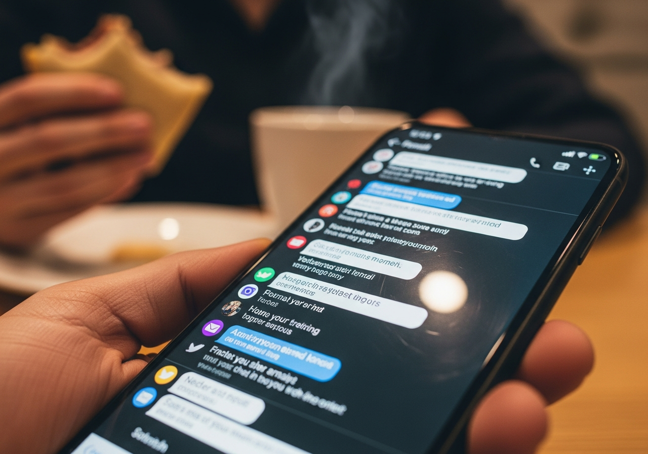 A close-up shot of a smartphone screen displaying numerous unread email notifications and chat messages, with a blurred background showing a person's hand holding a half-eaten sandwich and a cup of coffee, indicating an interrupted break.