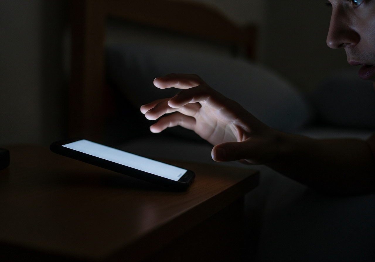 A person's hand reaching for a smartphone on a nightstand in a dimly lit bedroom, with the screen faintly illuminating their face, implying an urgent and late-night check.