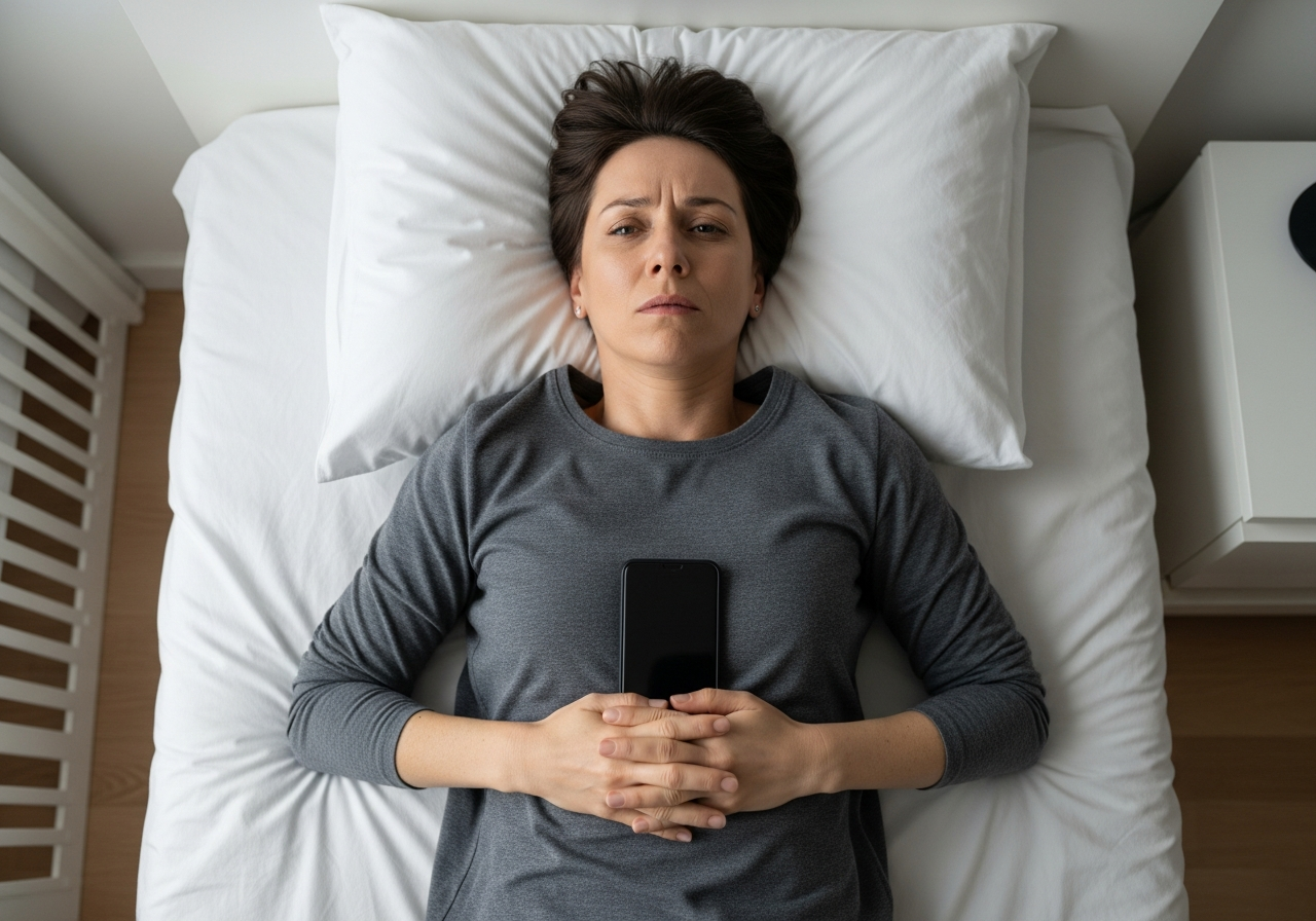 An overhead shot of a person lying in bed, fully clothed, staring blankly at the ceiling, with a smartphone placed face down on their chest, indicating exhaustion and mental burnout despite the physical rest.