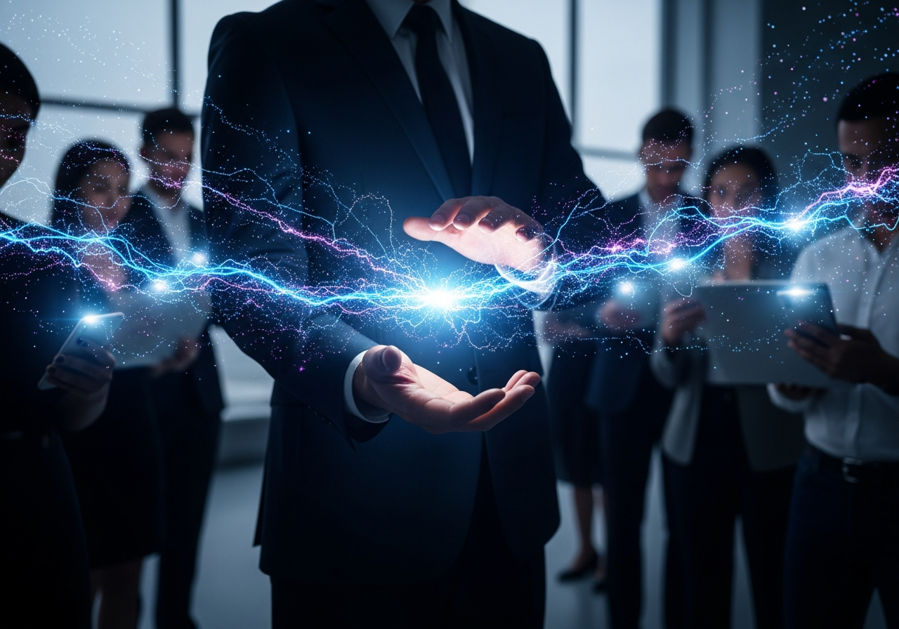 A shadowy figure in a suit with data streams flowing from people's phones and computers into their hands, symbolizing silent data collection and control.