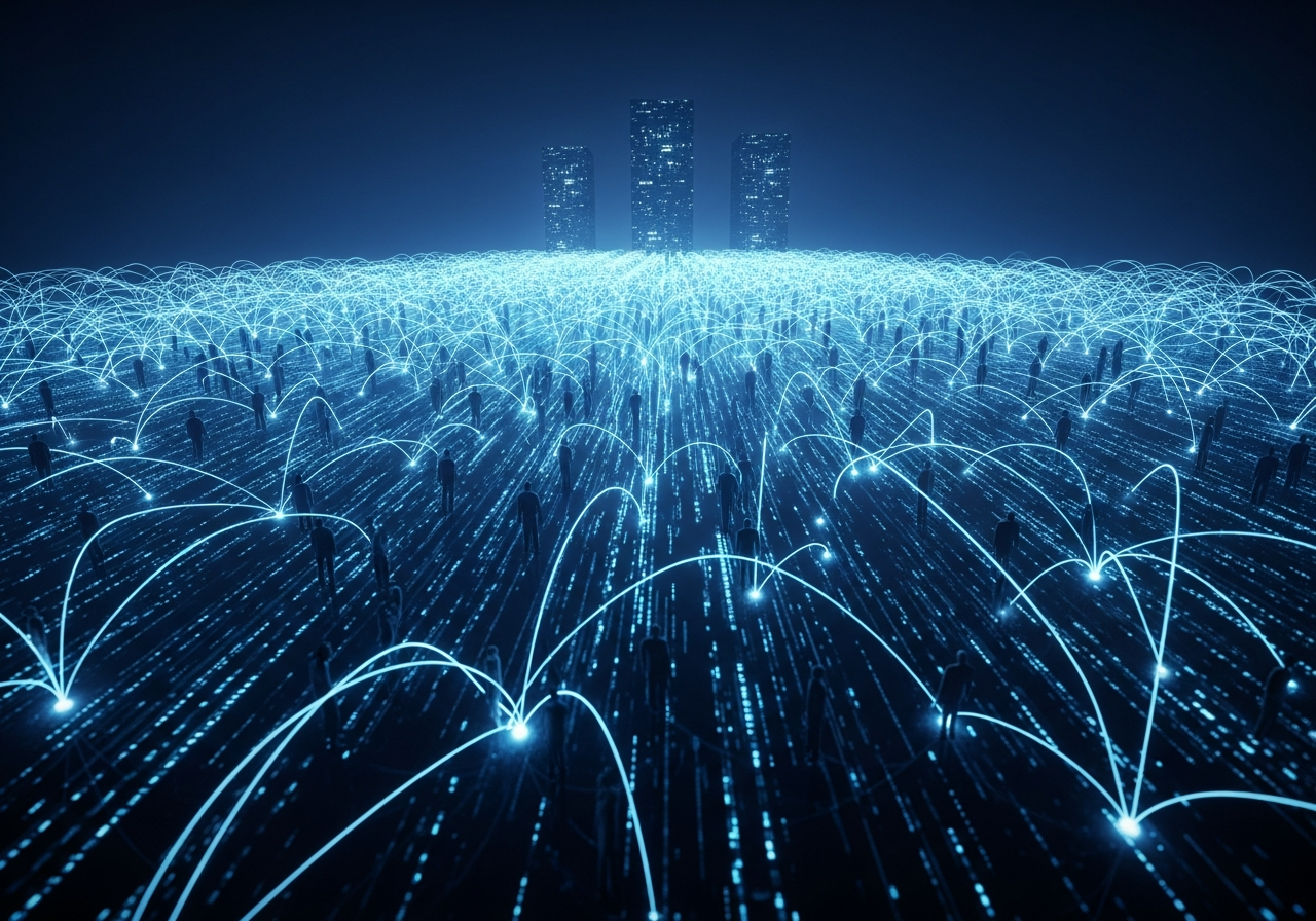 A vast, complex network of glowing data lines connecting billions of tiny human figures to a few giant, imposing server towers in the distance, representing the global reach of data collection.