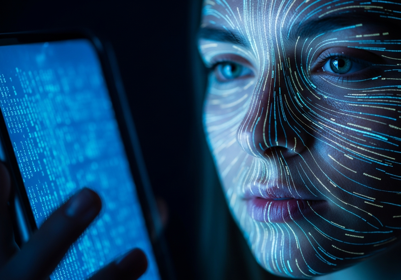 A close-up of a person's slightly blurred face reflecting the blue light of a phone screen, with lines of code subtly visible on their skin, implying an infiltration of data into their very being.