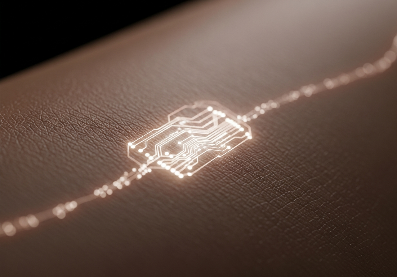 A close-up, slightly unsettling image of human skin with subtle, almost invisible glowing circuits embedded just beneath the surface, suggesting integration rather than an external device. The light from the circuits emanates softly, creating a futuristic yet organic feel.