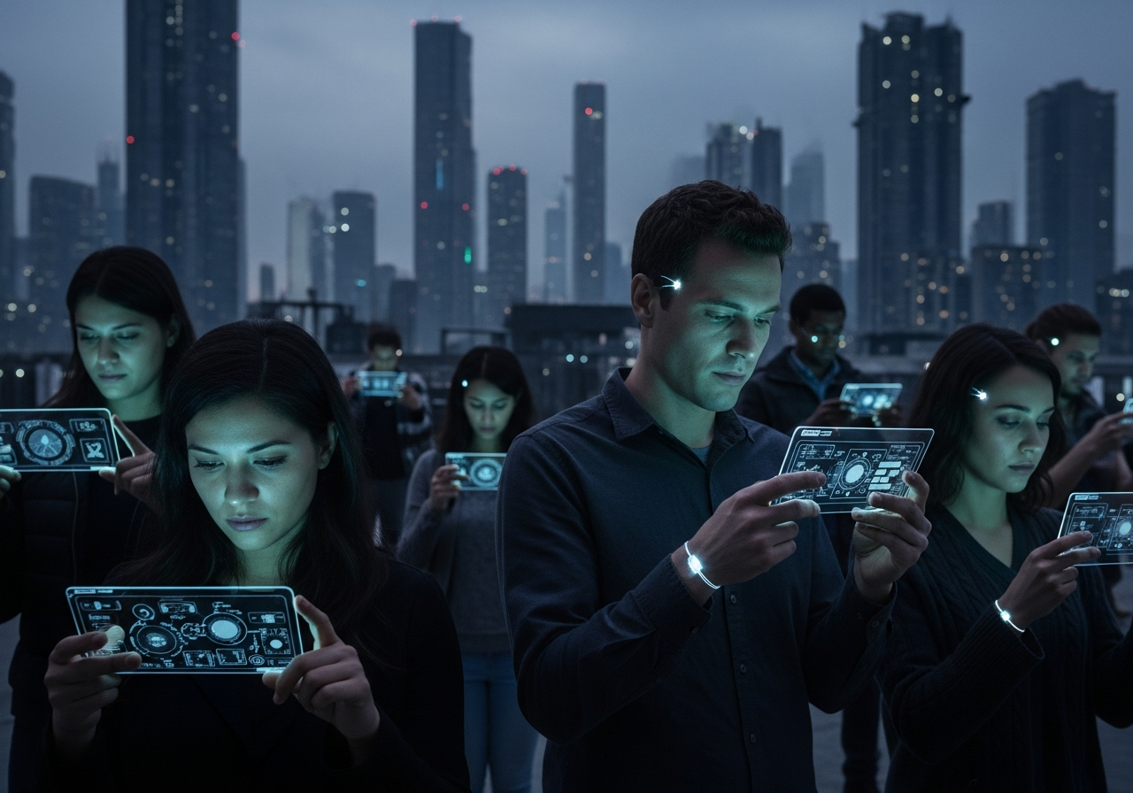 A dystopian urban landscape with people interacting with invisible interfaces, their faces lit by unseen screens. Some have small, almost imperceptible glowing marks on their skin, hinting at embedded technology. The overall mood is cold and isolating.