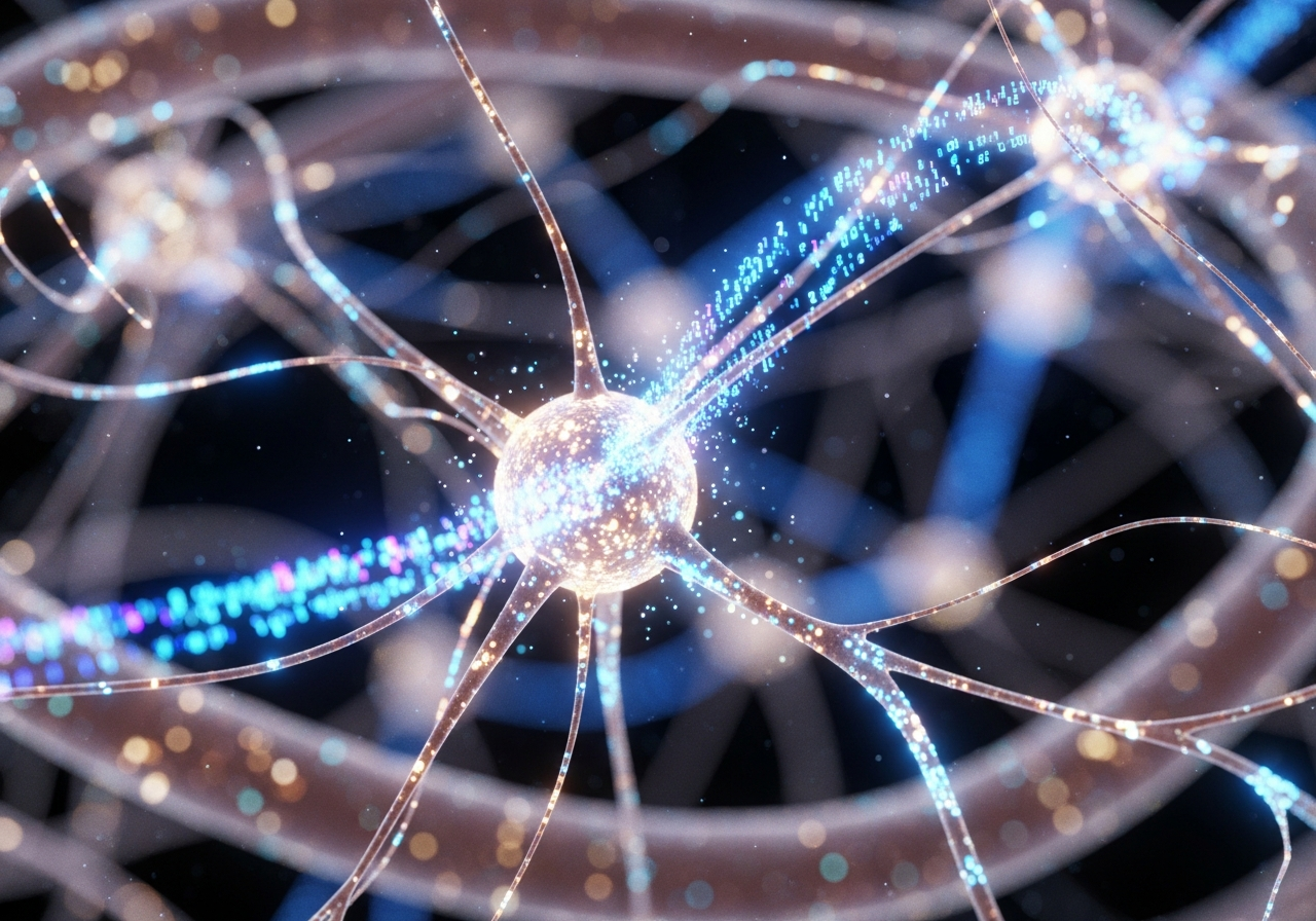 A detailed, slightly abstract rendering of a neural network or a brain's synaptic connections, but with visible, tiny glowing data packets flowing between them. It suggests digital information merging with biological thought, both fascinating and a little overwhelming.